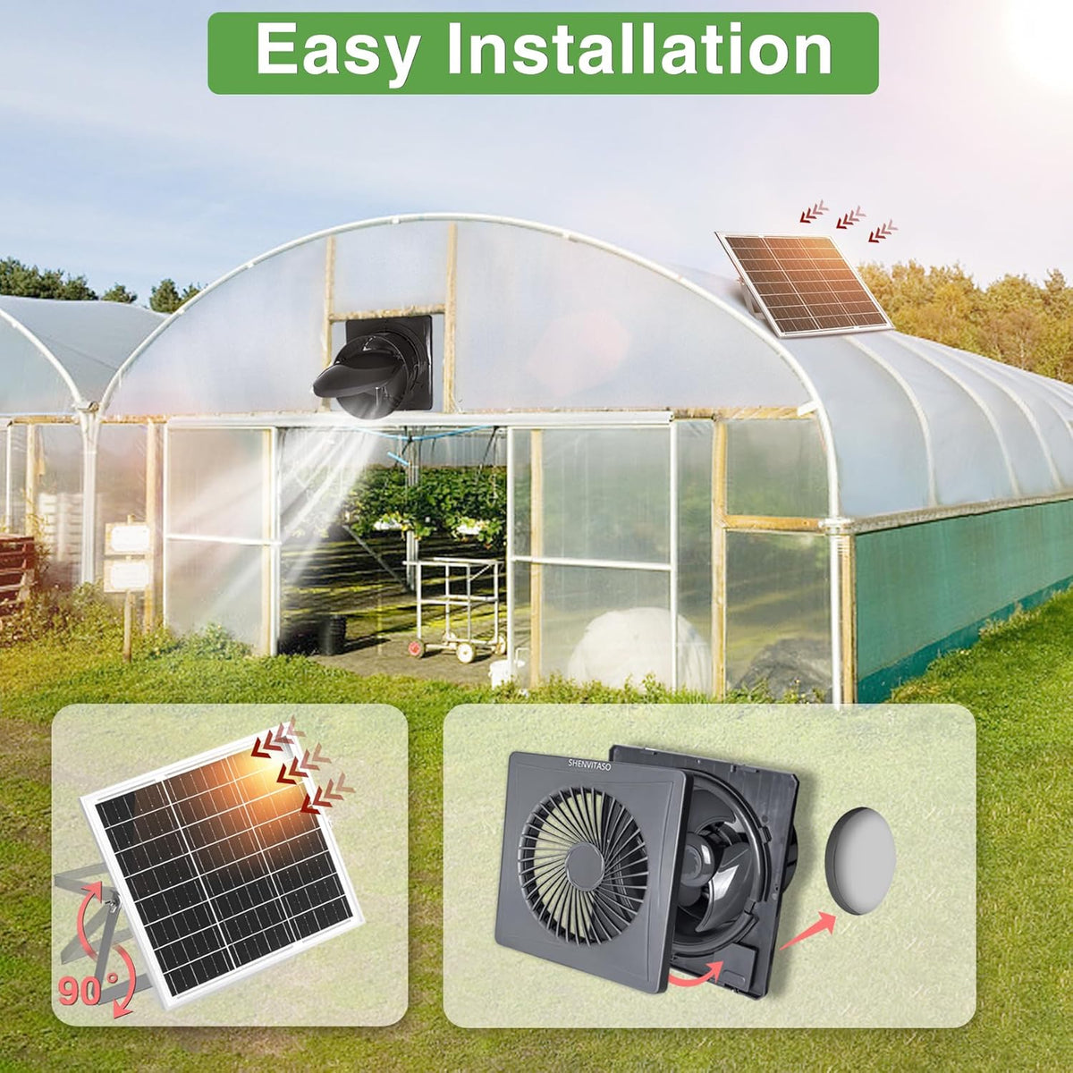 Solar Exhaust Fan, 25W Solar Panel + 8" Ventilation Vent Fan, with Power Adapter, Anti-backflow