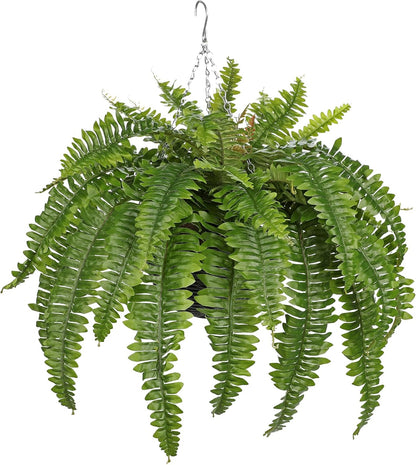 Hollyone 33" Artificial Boston Fern Hanging Basket Large 39 Leaves Fake Ferns in Rattan Pot