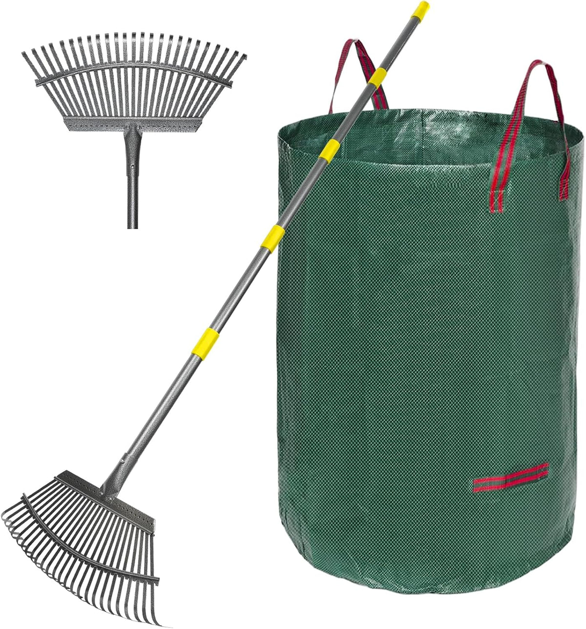 Adjustable Garden Rake for Leaves 36-73" Long Handle, 18" Wide, Heavy Duty with 25 Metal Tines
