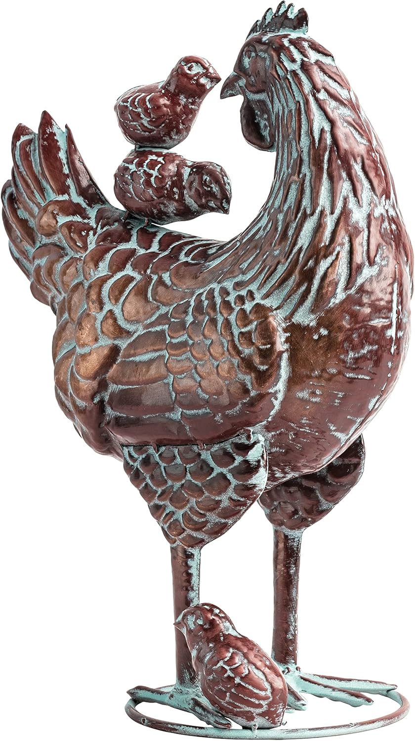 Metal Hen with Chicks Statues Yard Art, 13.5"x18" Metal Hen Chicken Figurine Decor, Vintage Outdoor