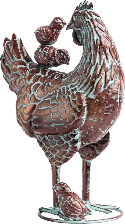 Metal Hen with Chicks Statues Yard Art, 13.5"x18" Metal Hen Chicken Figurine Decor, Vintage Outdoor