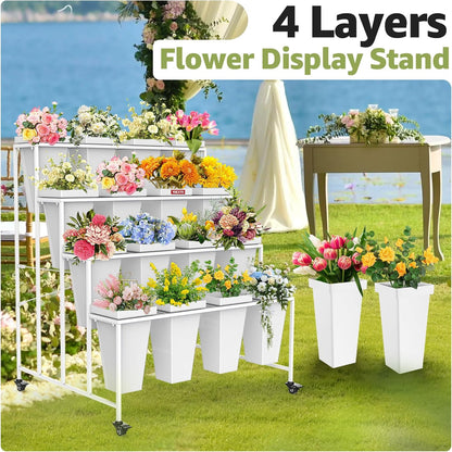 4 Layers Flower Display Stand with Buckets, 16 PCS Buckets Plant Stand with Wheels, Movable Metal