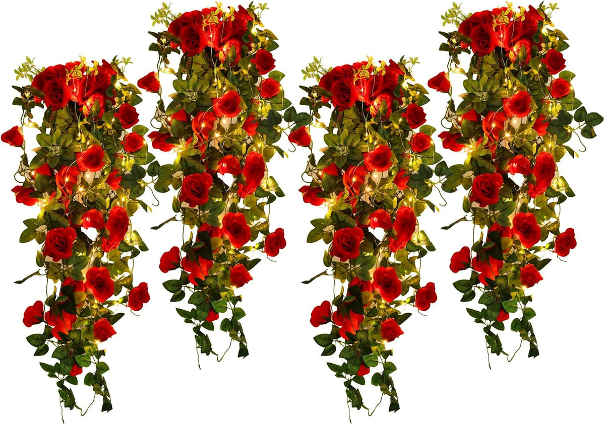 RECUTMS Hanging Rose Flowers Artificial Vines for Outdoors with 30 LED Fairy String Lights Indoor