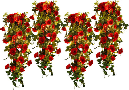 RECUTMS Hanging Rose Flowers Artificial Vines for Outdoors with 30 LED Fairy String Lights Indoor