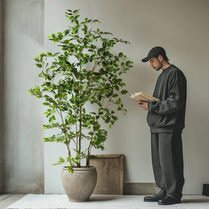 Artificial Ficus Tree Indoor 6ft, Large Potted Faux Tree with Realistic Silk Leaves & Trunk for