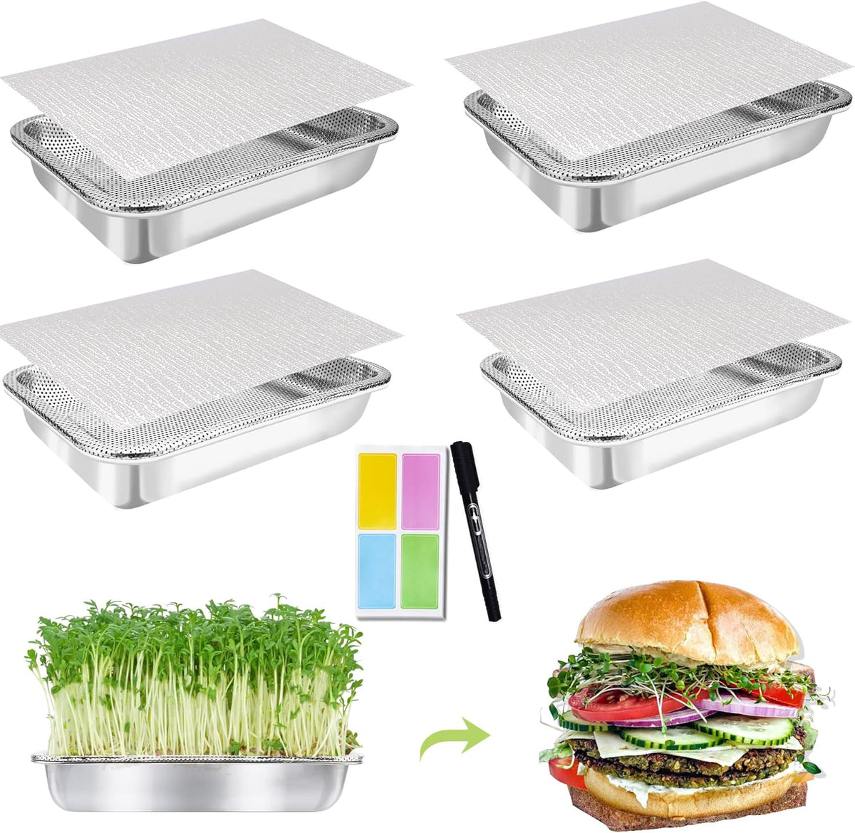 Stainless Steel Sprouts Growing Kit 4-Tier 14 inch Trays, Microgreens Growing Kit, Seed Sprouting