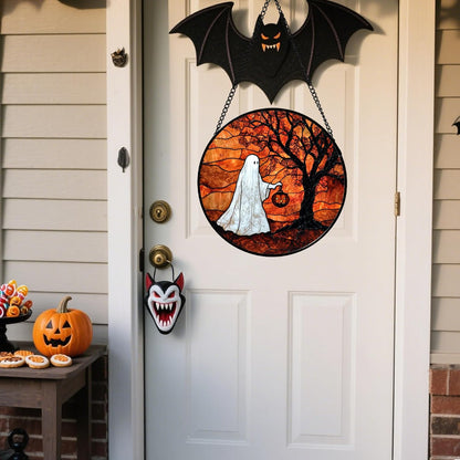 Stained Glass Window Hanging - Halloween Ghost Holding A Pumpkin Lantern Suncatcher for Door Garden