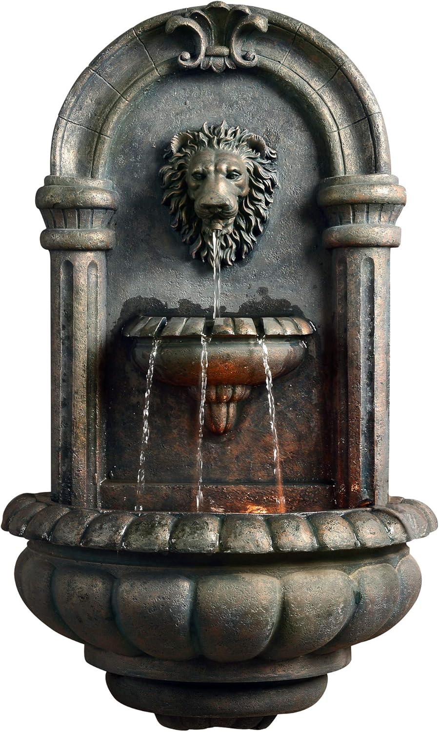 Teamson Home 32.1 in. Wall-Mounted Lion Head Stone LED Outdoor Water Fountain for Gardens