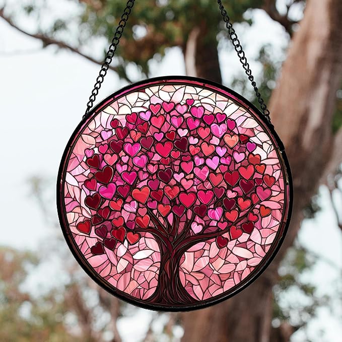 Stained Glass Window Hanging, Pink Love Tree of Life Sun Catchers Colorful Glass Panel Suncatcher