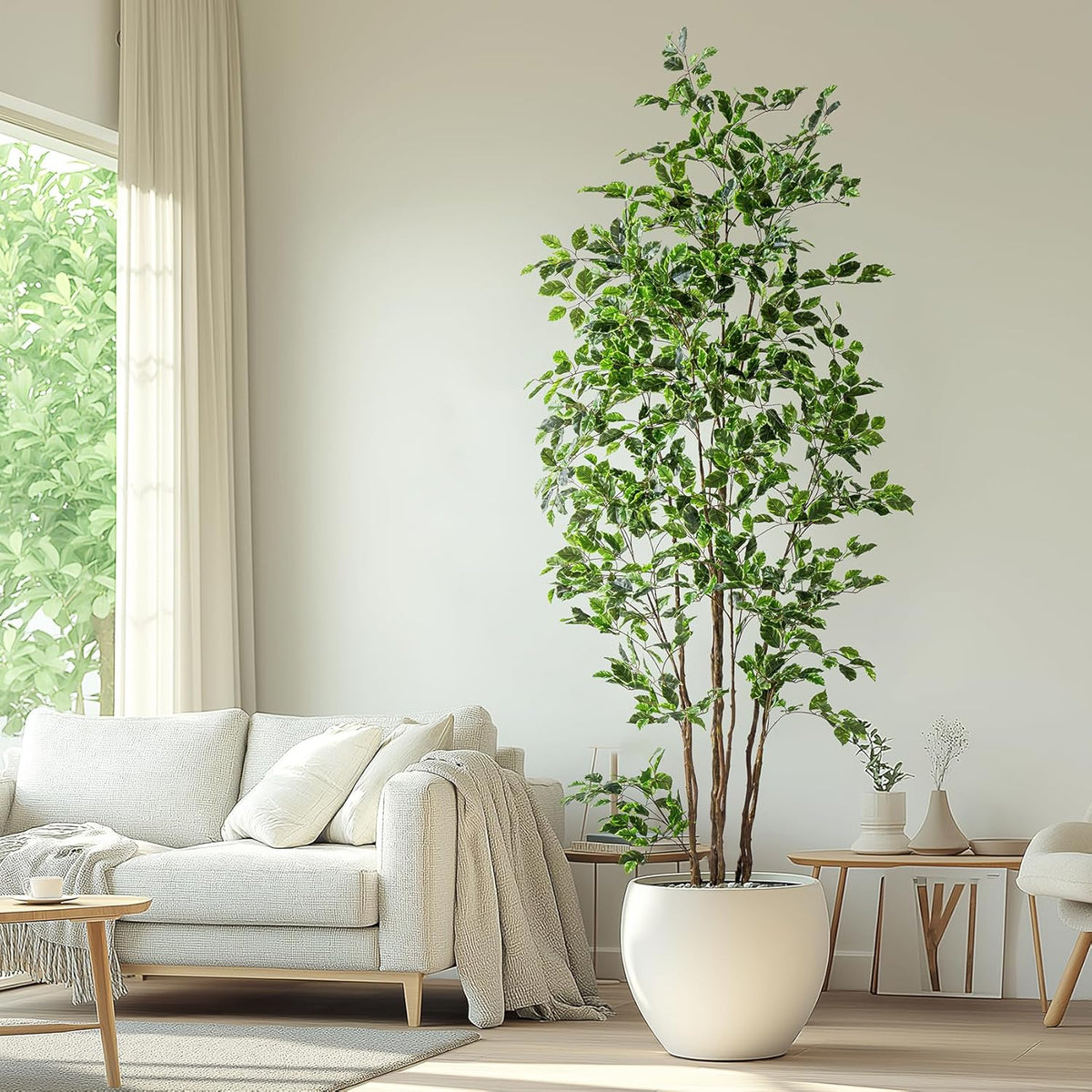 Artificial Ficus Tree Indoor 8ft, Large Potted Faux Tree with Realistic Silk Leaves & Trunk for