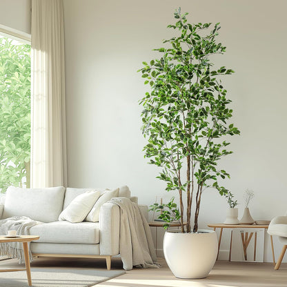 Artificial Ficus Tree Indoor 8ft, Large Potted Faux Tree with Realistic Silk Leaves & Trunk for