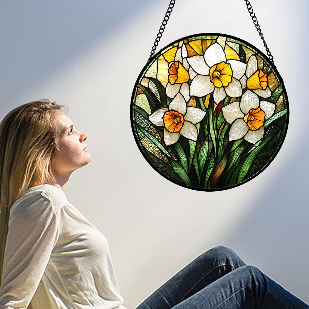 Stained Glass Window Hanging, Yellow and White Daffodils Sun Catcher for Door Home Decor Plants