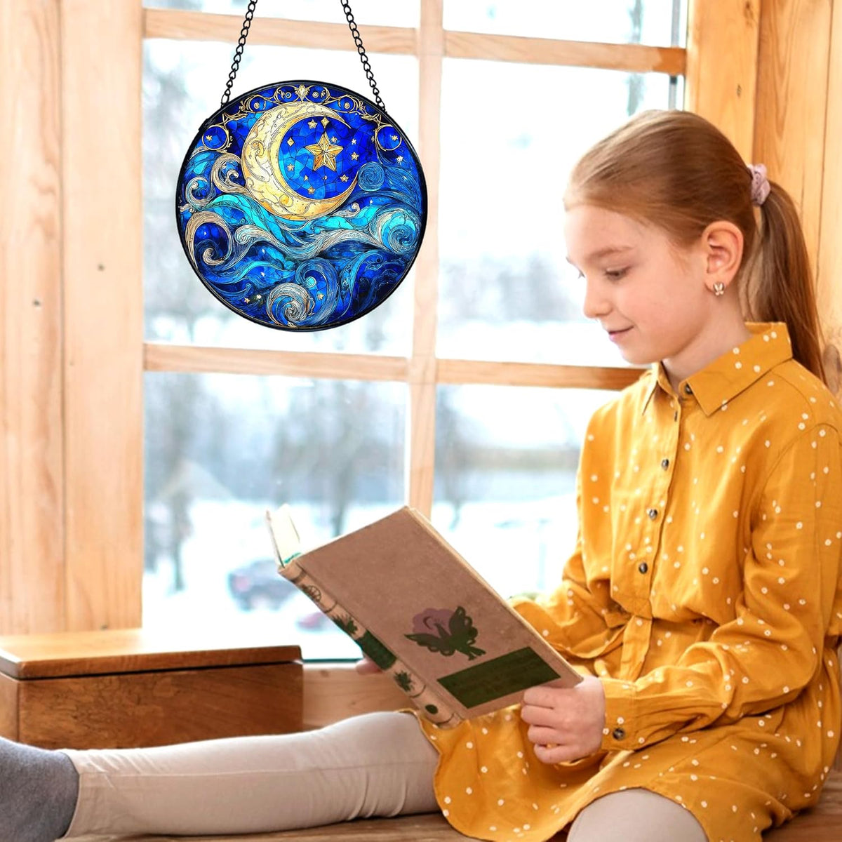 kdqua Moon and Star Suncatcher Stained Glass Window Hanging, Blue Celestial Astronomy Sun Catchers