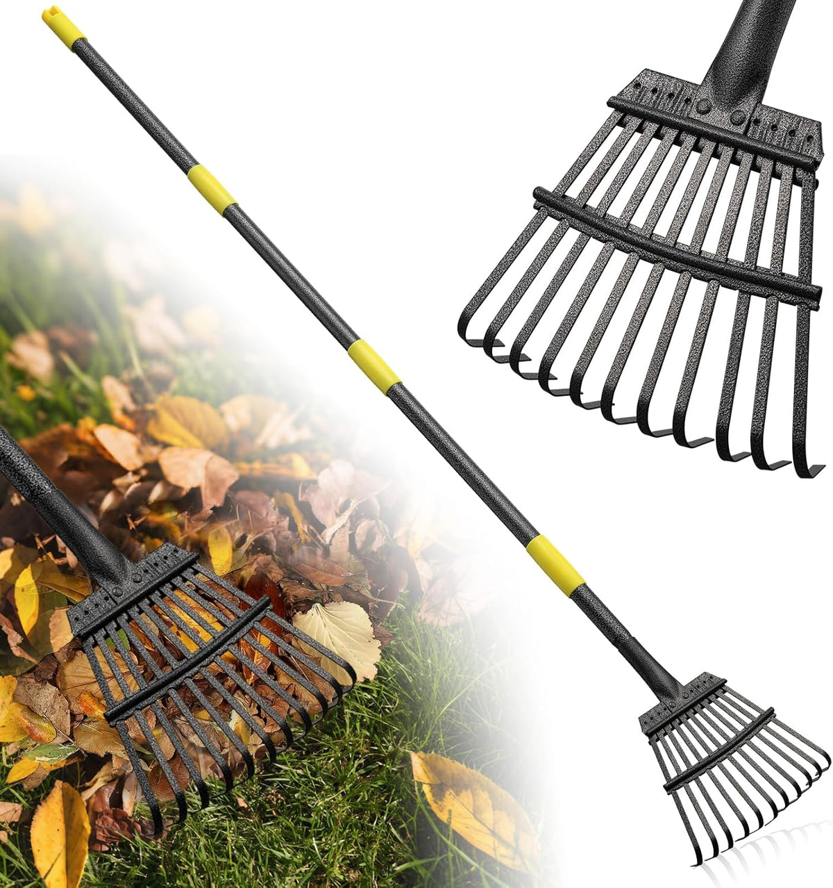 Rake for Leaves: Small Metal Garden Rake, 8.5" Wide, 11 Metal Tines,Heavy Duty Lightweight Kids