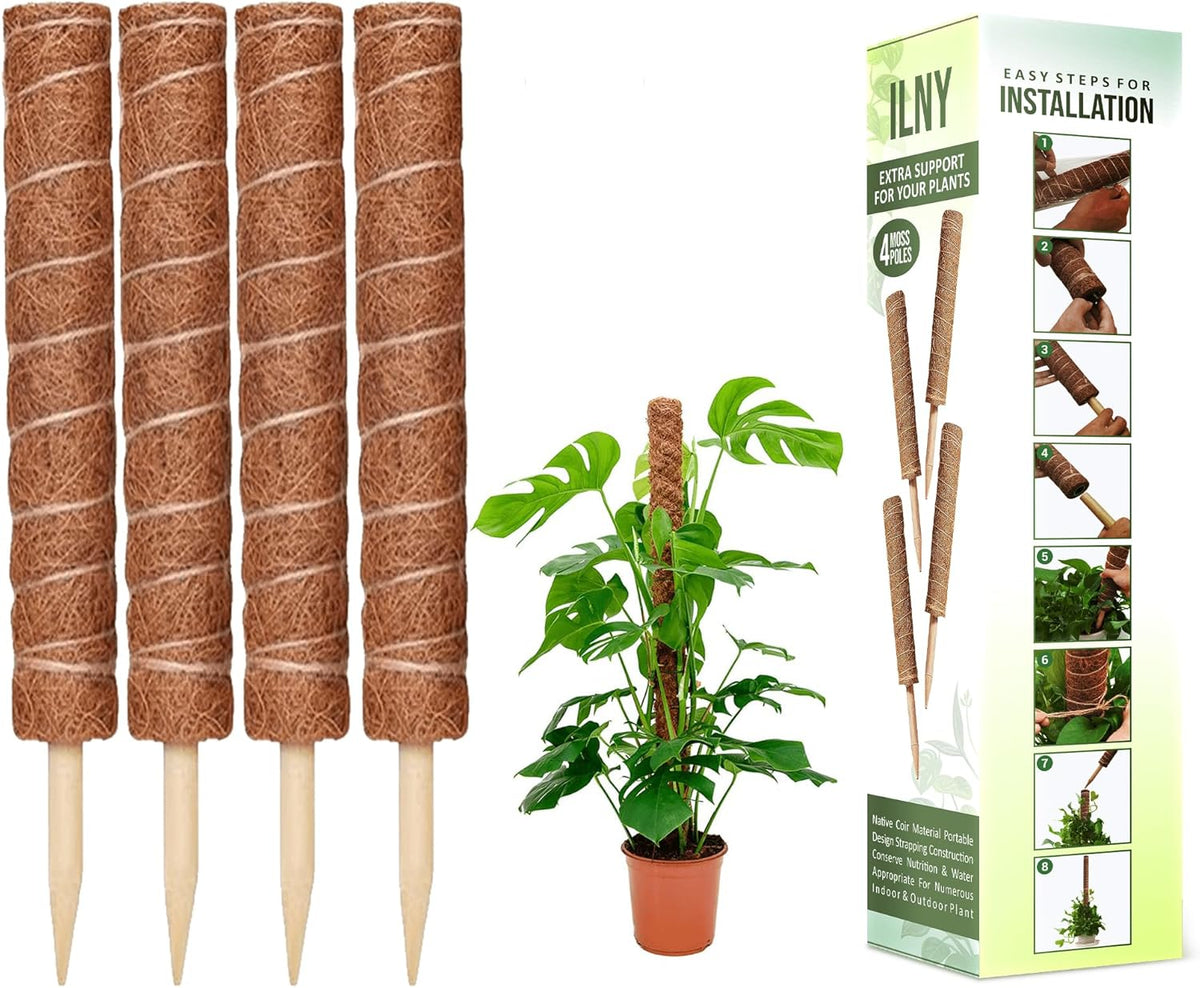 Moss Pole Pack of 4 – 50CM Monstera Plant Support | Natural Coco Coir Plant Poles for Indoor Plants