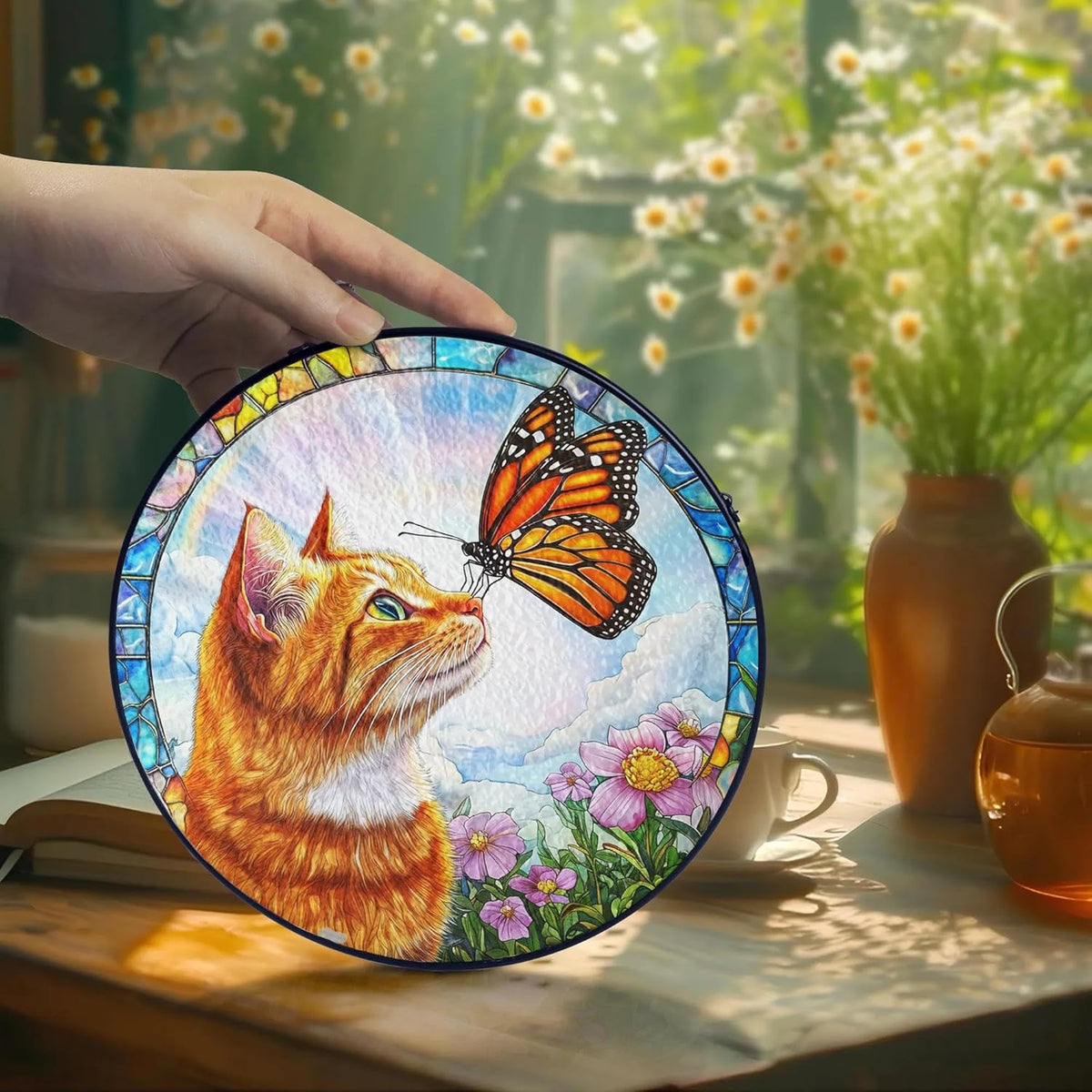 Orange Cat Gifts, Cat Memorial Suncatcher Gift for Loss of Cats, Butterfly Stained Glass Suncatcher