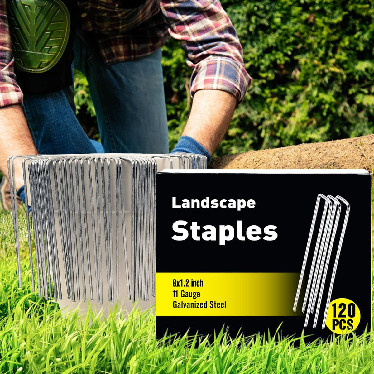 HongWay 120 Pack 6 Inch Landscape Staples 11 Gauge Garden Staples, Galvanized Ground Stakes SOD