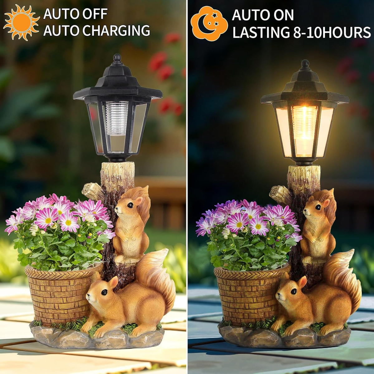 Solar Squirrels Outdoor Statues, Garden Sculptures with Flowerpot Decor & Solar Lantern for Yard
