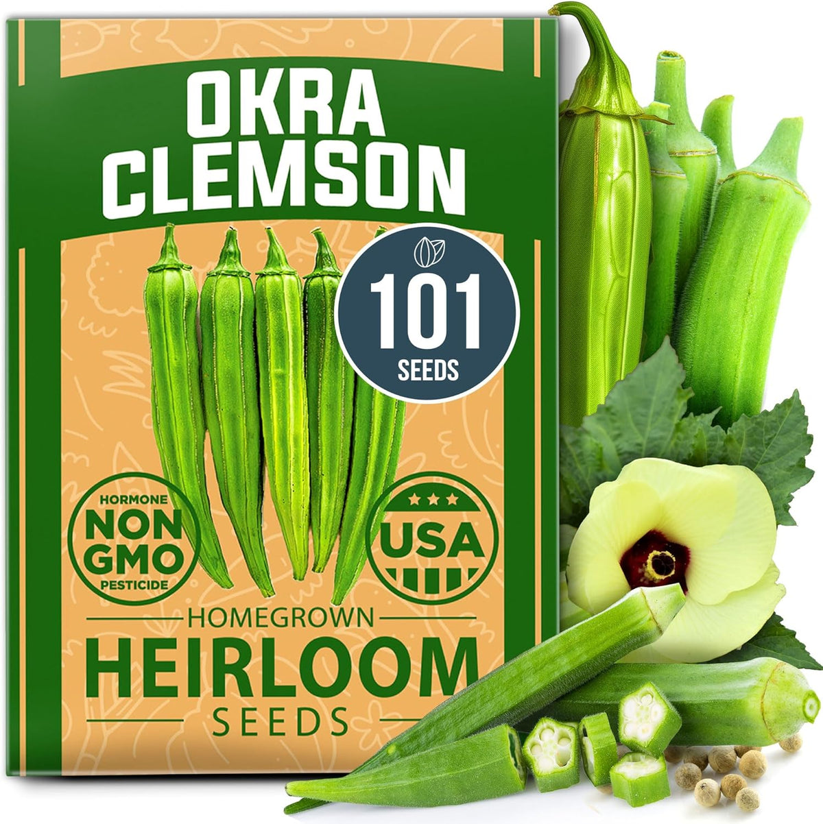 HOME GROWN 𝗨𝗦𝗔 𝗣𝗥𝗘𝗠𝗜𝗨𝗠 Clemson Spineless Okra Seeds 101+ 𝗡𝗢𝗡-𝗚𝗠𝗢 Heirloom Vegetable