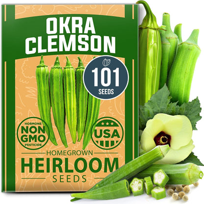 HOME GROWN 𝗨𝗦𝗔 𝗣𝗥𝗘𝗠𝗜𝗨𝗠 Clemson Spineless Okra Seeds 101+ 𝗡𝗢𝗡-𝗚𝗠𝗢 Heirloom Vegetable