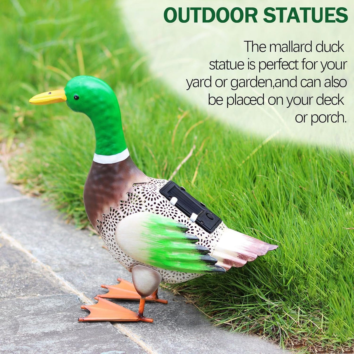 Solar Ducks Outdoor Statue ，Metal Duck Garden Decor ，Lawn Animal Statue Mallard Duck Art ，Gifts for