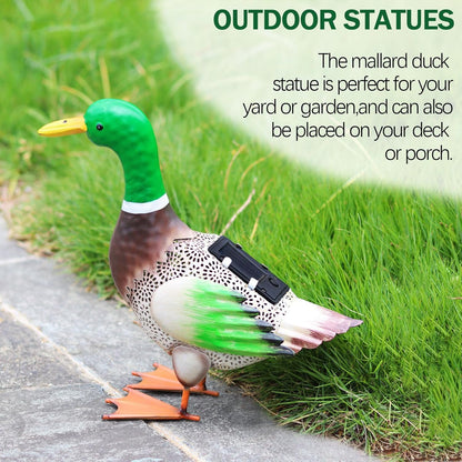 Solar Ducks Outdoor Statue ，Metal Duck Garden Decor ，Lawn Animal Statue Mallard Duck Art ，Gifts for