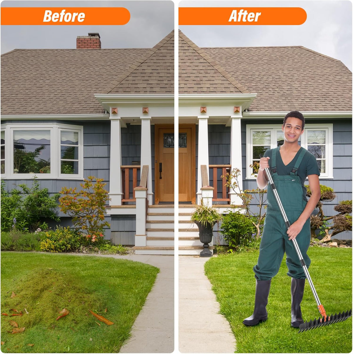 Garden Thatch Rake for Lawn, Heavy Duty Metal Thatching rake with Strong Handle, Wide 15inch Iron