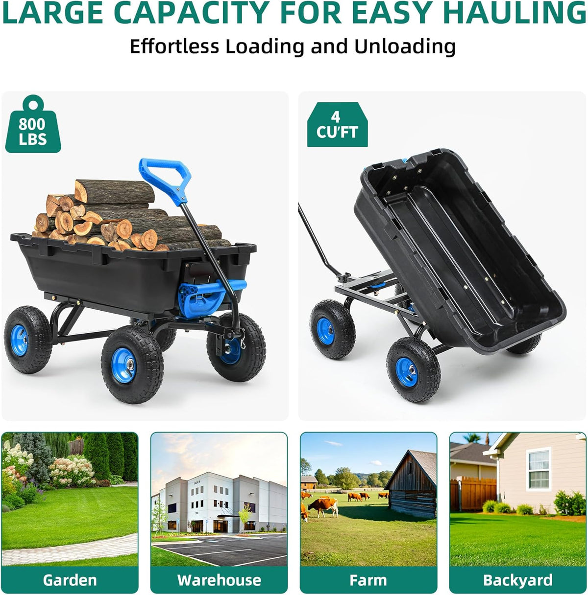 800lb Garden Dump Cart, Heavy Duty Wheelbarrow Dump Wagon with 4 Wheels&Quick-Release Dumping