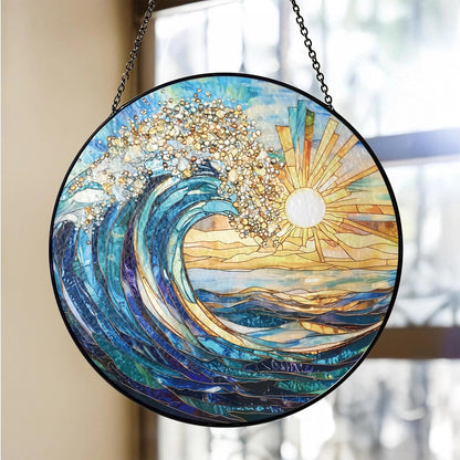 The Ocean Waves and The Sunrise Suncatcher -7.9 in Stained Glass Window Hanging Sun Catcher Garden