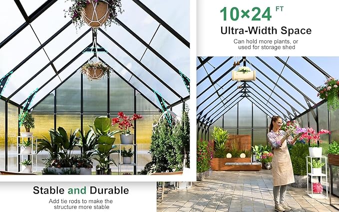 CDCASA 10x24 FT Greenhouse for Outdoors,Large Easy Assembly Thicker Aluminum Polycarbonate