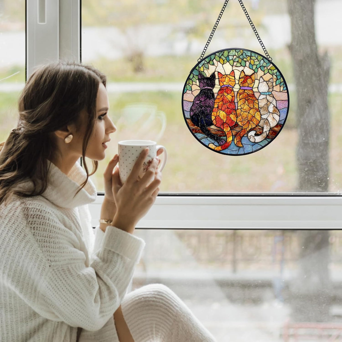 Cat Stained Glass Window Hanging Suncatchers, Cat Mom Lovers Owner Gifts Sun Catchers Indoor Window