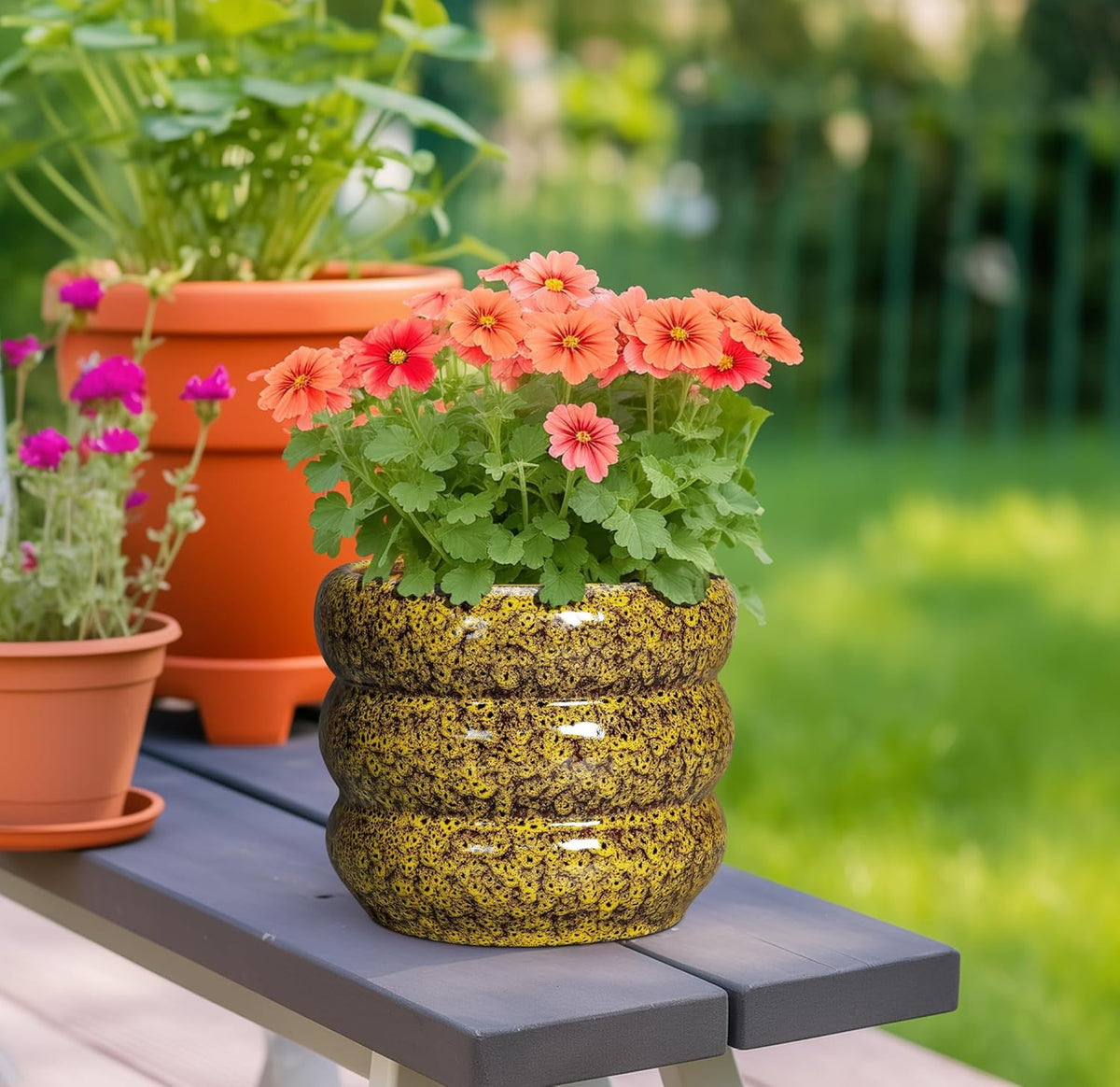 SQOWL Ceramic Planter - 8 Inch Indoor Plant Pot with Drainage Hole, Round Planter for Outdoor