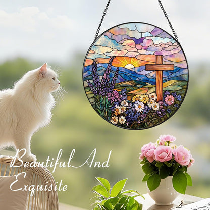 Wildflowers and Crosses Suncatcher -7.9 in Stained Glass Window Hanging Sun Catcher Garden Decor