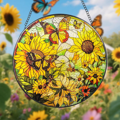 Suncatcher Stained Glass Window Hanging - Sunflower Glass Panel with Metal Chain and Hooks Handmade