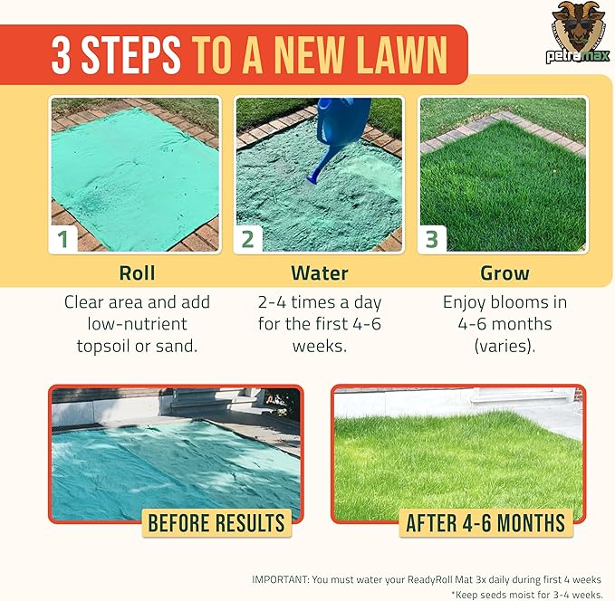 PetraMax ReadyRoll Biodegradable Grass Seed Mats for Lawns - Roll Out Mat with Tall Fescue &