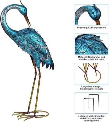 Kircust Garden Sculpture & Statues, Blue Heron Lawn Ornaments Standing Metal Crane Yard Art Large