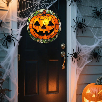 Stained Glass Window Hanging, Halloween Decorations Evil Pumpkin Suncatcher for Doors Garden Indoor