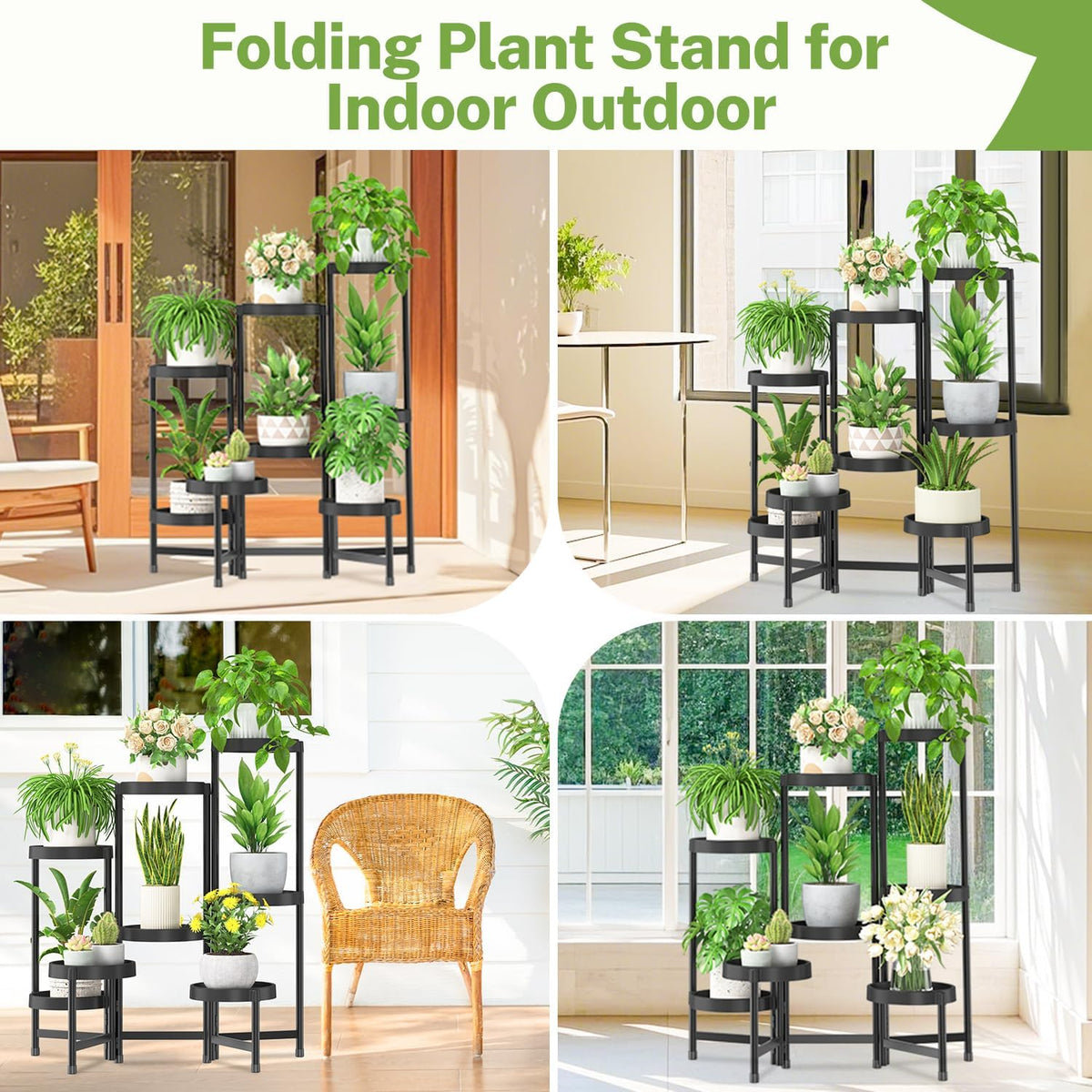 iDavosic.ly 8 Tier Folding Plant Stand Indoor Outdoor with Plastic Tray, Tiered Corner Flower