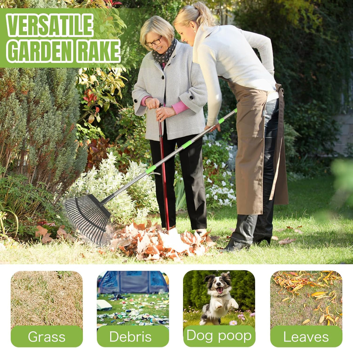 Joyhalo Rake for Leaves Adjustable 65 Inch Long, 18 Inch Wide Garden Rake with 25 Tines, Metal Leaf