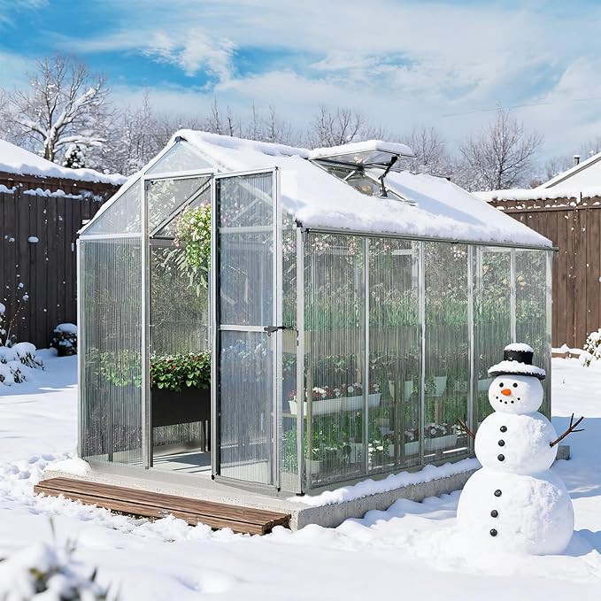 Aoodor 6 x 10 Ft Walk-in Greenhouse with Gutter, Polycarbonate and Heavy-Duty Aluminum Frame