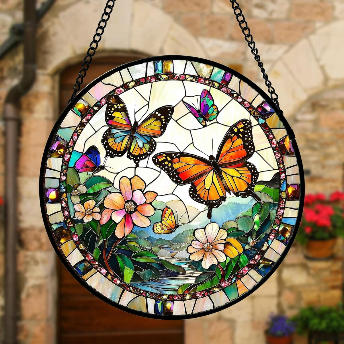 Stained Glass Window Hanging, Butterflies Flying in The Sky Suncatcher for Doors Home Sun Catchers