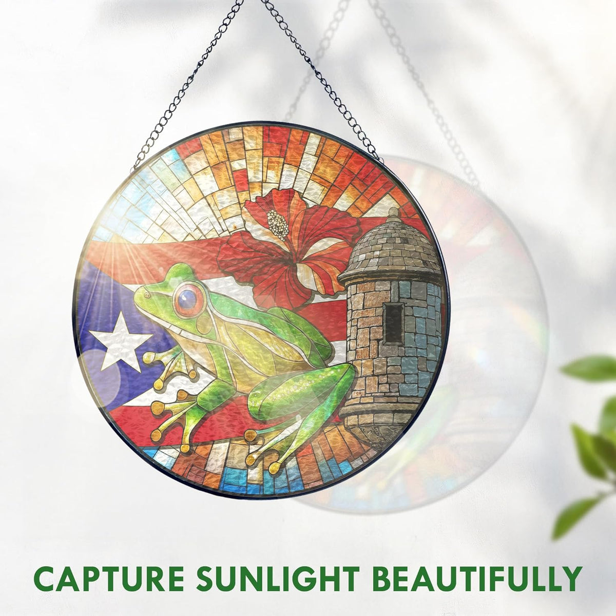 FLAGWIX Christmas Puerto Rico Gifts - Stained Glass Window Hanging 10 in - Puerto Rican Gifts for