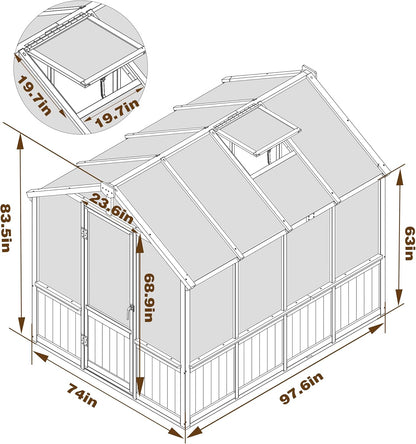 6x8 FT Greenhouse Kit for Outdoor, 6MM Thick Polycarbonate Panel Wooden Walk-in Green House with
