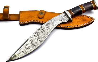 Nooraki - 15-inch | Handmade Damascus Steel Heavy Duty Kukri Knife Sharp Blade, With Leather Sheath
