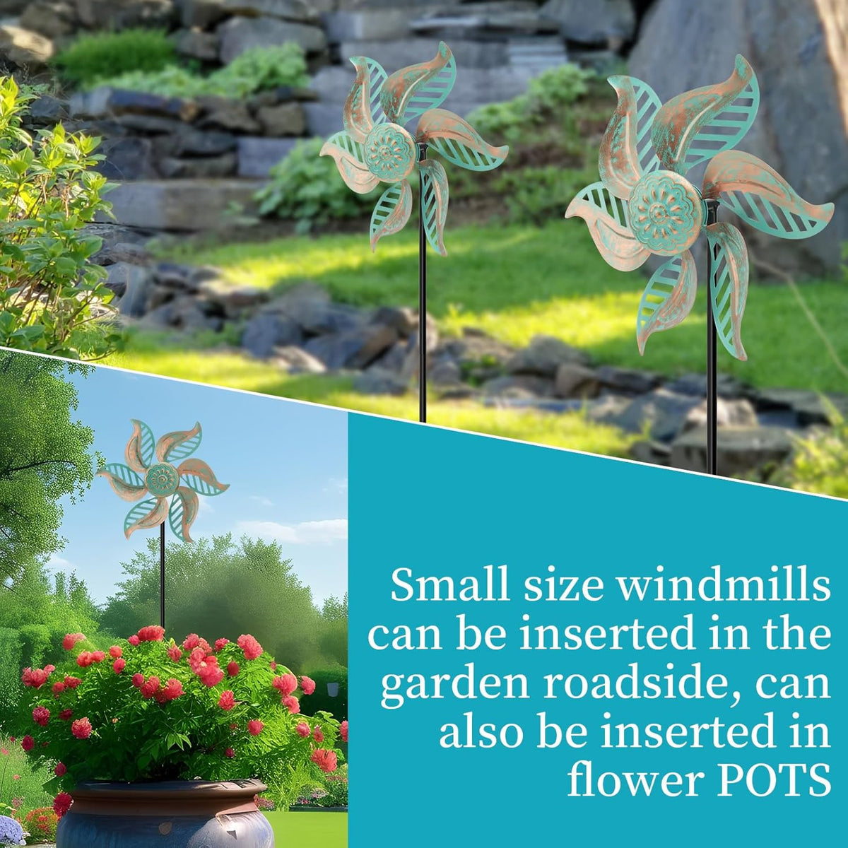 2 Pack Wind Spinner Outdoor Metal Vintage Green,Garden Pinwheels Waterproof Wind Sculptures, Small