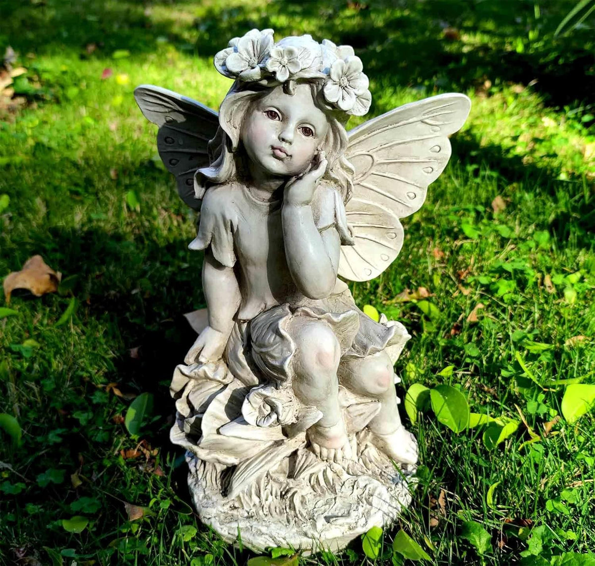 MeritMode 12.8" Fairy Garden Outdoor Guardian Angel Statue - Waterproof Resin with Flower Base