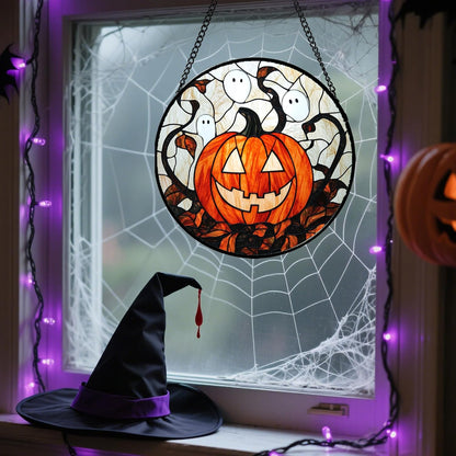 Stained Glass Window Hanging - Halloween Decorations Pumpkin Ghost Suncatcher for Doors Garden
