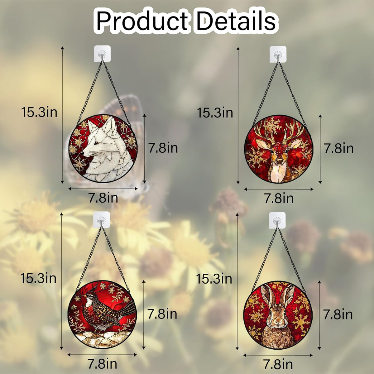 Stained Glass Window Hanging 4 Pcs Set Red Golden Snowflakes 7.8" - Christmas Elk Rabbit Suncatcher