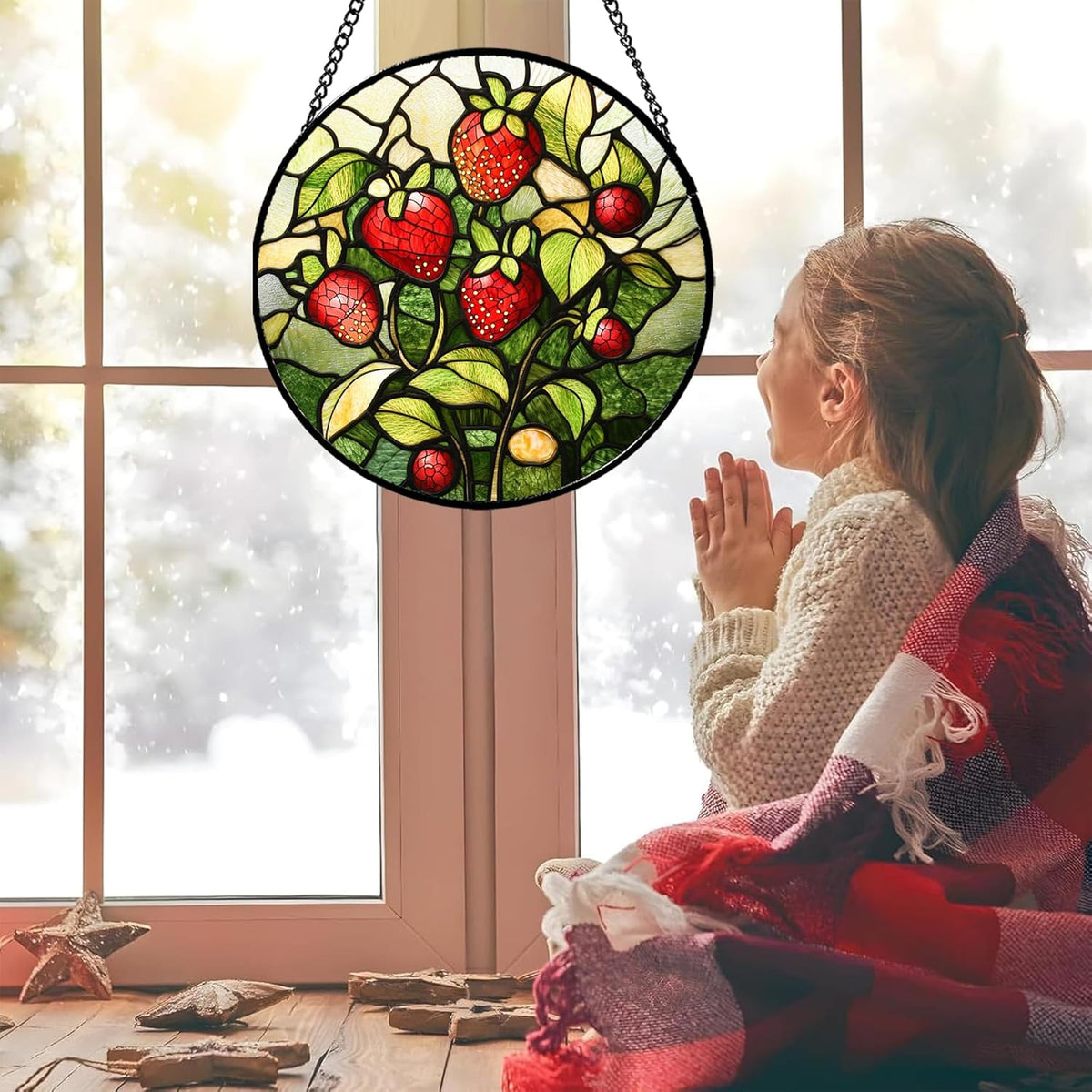 Stained Glass Window Hanging - Red Strawberry Suncatcher for Doors Window Home Green Plant Sun