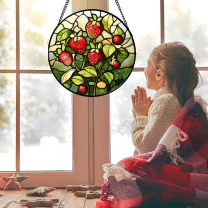 Stained Glass Window Hanging - Red Strawberry Suncatcher for Doors Window Home Green Plant Sun